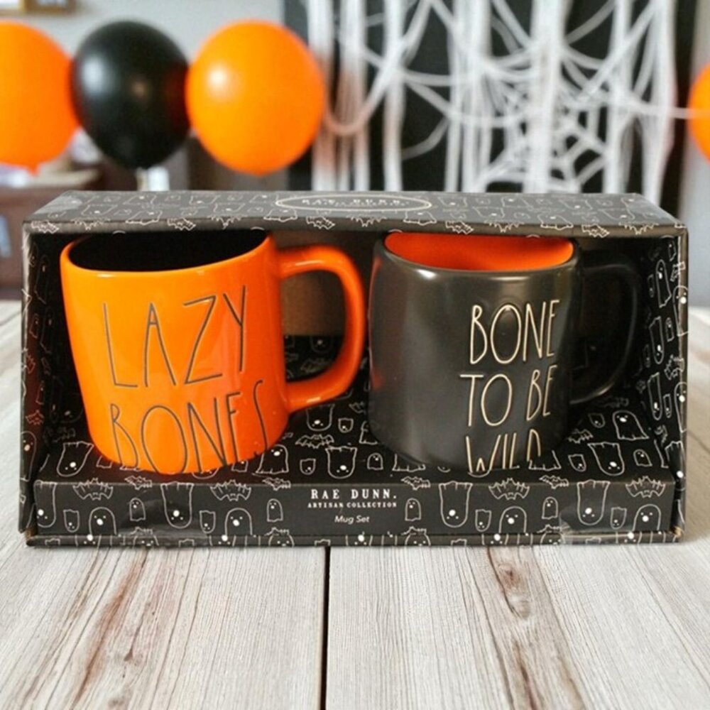 2 Pack: Rae Dunn Halloween Mug Set (19.5 oz ea) "Lazy Bones" / "Bone To Be Wild"